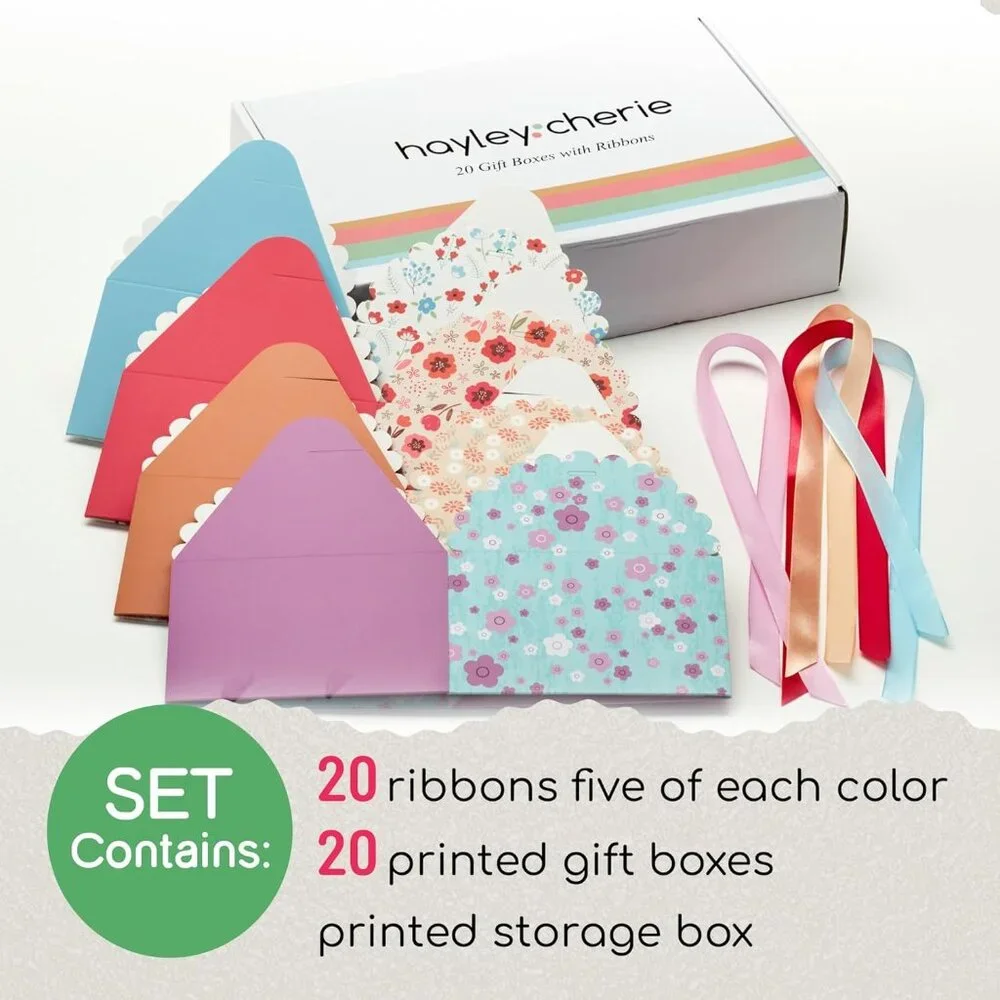 Floral Pattern Decorative Cardstock Small Gift Boxes With Ribbons Pack of 20
